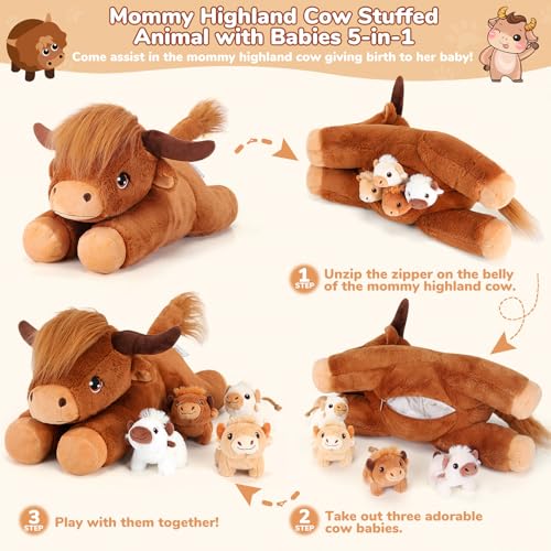 Image of gnomantic Highland Cow Stuffed Animals with Babies, Mommy Toy for Kids | 5-Piece set: 1 mommy highland cow + 4 surprise babies inside. Unzip belly to reveal babies. Ultra-soft, safe for ages 3-8.