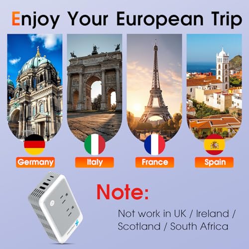 Image of 220V to 110V Voltage Converter US to Europe for Curling Iron and Hair Straighteners, Power Converter for European Travel Plug Adapter with 2 USB A & 2 USB C Ports (Grey)