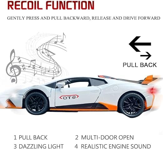 Image of DEOXY 1 /24 Big Lamborghini Huracane STO Toy Car - Metal Pull Back Diecast Model with Openable Doors, Sound & Lights for Kids and Collectors (STO White)
