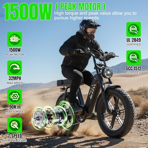 TST Electric Bike for Adults 1500W Peak 20″ Fat Tire All-Terrain E-Bike 60 Miles 28MPH Electric Dirt Bike for Road Sand Mountain Snow – 48V 15AH Battery Powered Electric Motorcycle for Adventure
