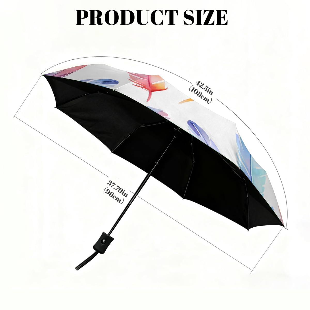 Ombrello pieghevole con piume di uccello acquerello, ombrello da viaggio, compatto, antivento, impermeabile, con protezione UV, rivestimento nero, leggero, 8 costine, portatile, per pioggia e