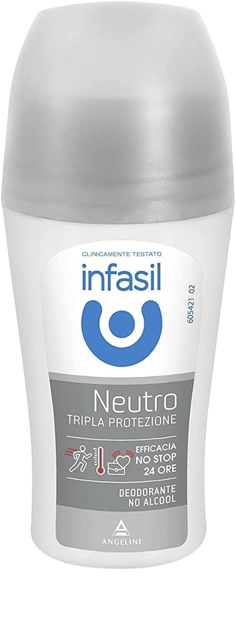 12 x Infasil Deodorant Roll On Neutral Dreifacher Schutz, wirksam gegen Schweiß und schlechte Gerüche, ohne Alkohol, Deo Roll-On 50 ml + Schlüsselanhänger Beni Culinari gratis