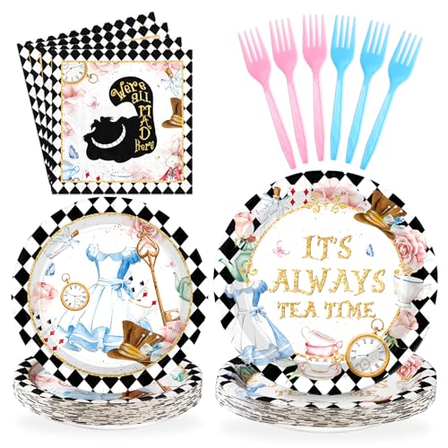 Grencian 96 Pcs Alice in Onderland Party Decorations Tea Party Theme Birthday Baby Shower Paper Plates and Napkins Disposable Dessert Tableware Set for Girls Kids Birthday Baby Shower Decor Serves 24