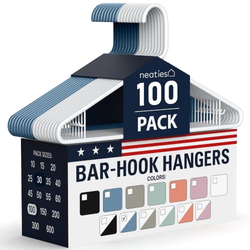 Neaties Plastic Hangers 100 Pack – Made in the USA – 6lb Capacity Standard Clothes Hangers with Strap Hooks for Dresses, Lingerie, Shirts, Pants, and Jackets – White & Blue