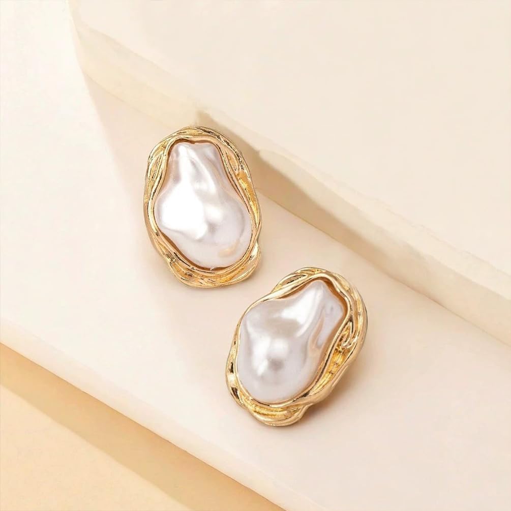 Vintage Pearl Statement Gold Stud Earrings for Women Trendy, Dainty Irregular Large Silver Baroque Pearls Earring Unique Prom Party Jewelry Gifts - Image 6