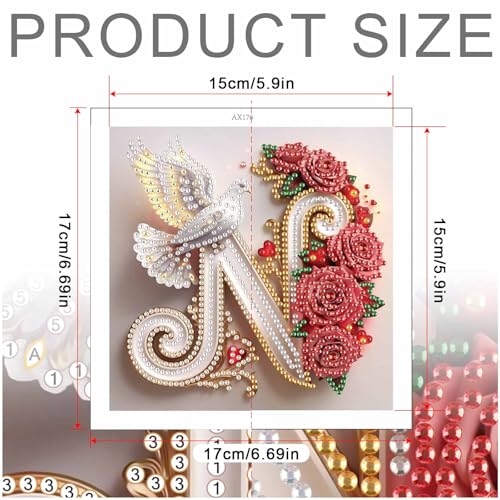 Image of AiYuanzsh 5D DIY Diamond Art Kits for Adults Letter N, Nature-Inspired Rose & Dove Special Shape Diamond Painting, Alphabet Diamond Art Kit for Adults Wall Decoration 17x17cm