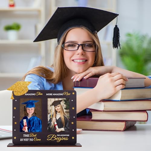 Image of FLYAB 2025 Graduation Picture Frame - Then and Now Photoframe Graduation Gifts for High School College Graduates for Women and Men Wooden Tabletop Home Decoration