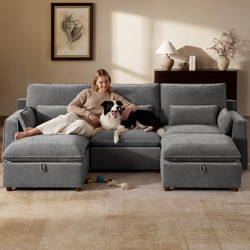 Image of WorthFurni Modern Modular Sectional Sofa,103 inch U Shape Minimalist Couch with Storage Ottoman,Comfty 4 Seat Sofa for Living Room,Grey Chenille