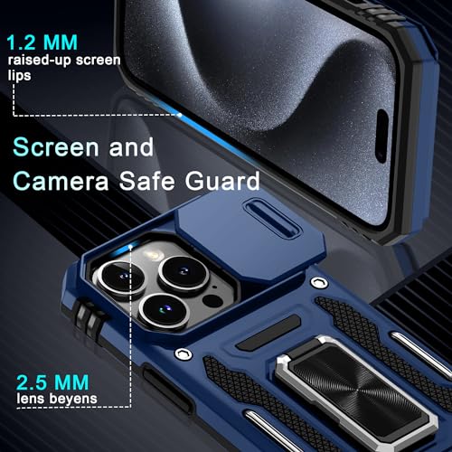 DEERLAMN Case for iPhone 15 Pro with Slide Camera Cover+Screen Protector(1 Pack), Rotated Ring Kickstand Military Grade Shockproof Protective Cover 6.1 Inch-Navy Blue by DEERLAMN - Used condition - Image 6