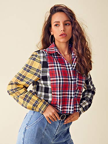 SweatyRocks Women's Cute Color Block Long Sleeve Crop Tops Plaid Button Down Blouse3