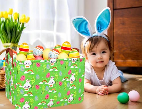 Image of Rectangle Empty Easter Baskets Boy Large Toy Storage Bin Girls collapsible Hamper Waterproof Canvas Box Kid Gifts Spring Decor( Rainbow Rabbit Egg )