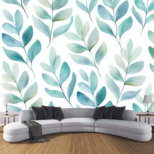 CDXNORA Photo Wallpaper Blue-Green 150×105cm Watercolor Plants Silk Wall Mural Decoration Sage Leaves Print Poster Picture Design Modern Living Room Kitchen Bedroom Wall Mural