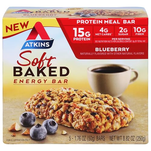 Atkins Soft Baked Energy Bars Blueberry 15g Protein Excellent Source of Fiber 2g Sugar 1 pack (5 Bars)