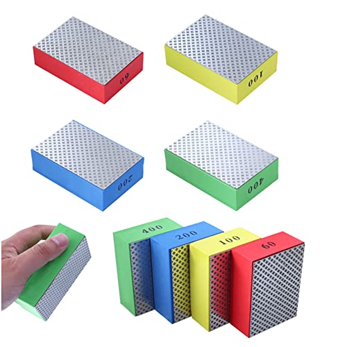 Lot de 4 tampons de polissage diamant à la main, blocs de ponçage pour pierre, céramique, carrelage, verre, 4 niveaux de rugosité – 60# 100# 200# 400# (côté argenté)