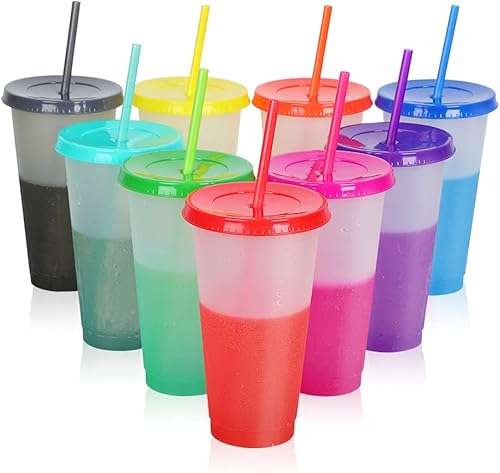 Miniatura 1 de Vasos de plástico reutilizables con tapas y popotes – 9 vasos grandes que cambian de color de 24 onzas para adultos, niños y mujeres | Vaso alto
