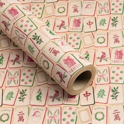 RUSPEPA Kraft Christmas Mahjong Wrapping Paper Roll, Mini Roll, Mahjong Tiles and Holiday Card Design Kraft Gift Wrap Paper for Family Game Night, Xmas Party, Holiday Gifts, 17 Inches x 16.4 Feet