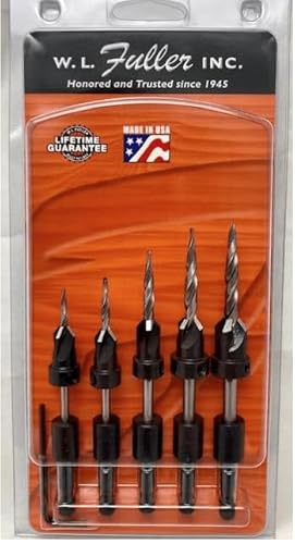 Set of 5 Countersinks with Hex Shank Taper Point Drills & 1 - Hex Key, by W. L. Fuller, for # 5, 6, 8, 10, & 12 Screws Made in The USA
