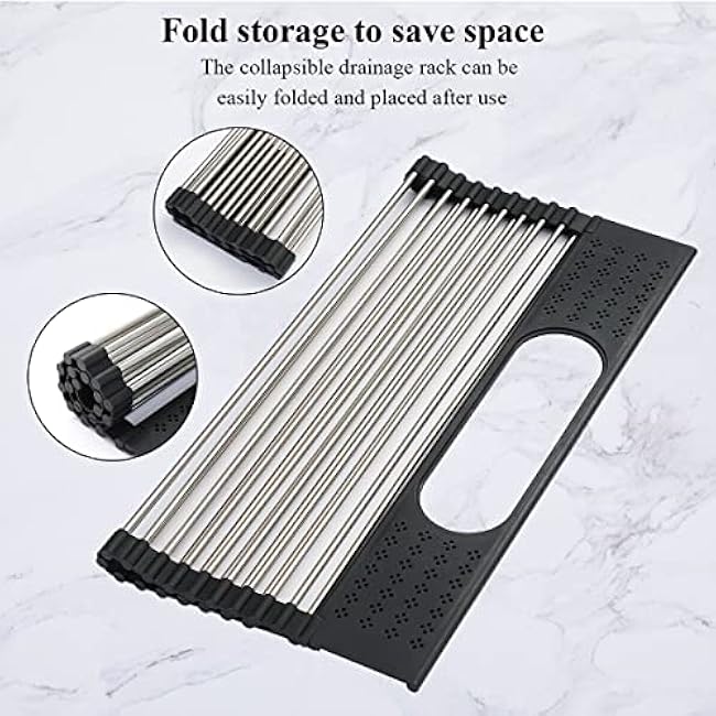 Berglander Dish Drying Rack Over The Sink, L17.5 by W 15 Rollable Stainless Steel Dish Rack with Removable Storage Basket, Perfect for Kitchen Sink