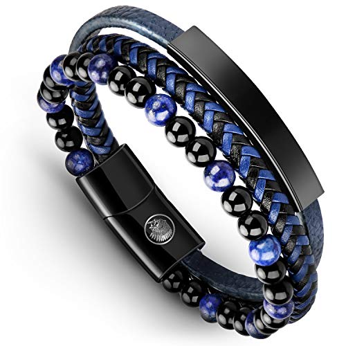 Casisto.J Pulsera Cuero Hombre - Pulsera Trenzada Hecha a Mano clásica en Negro y marrón con Cierre magnético Grabado Joyas Gratis en Caja
