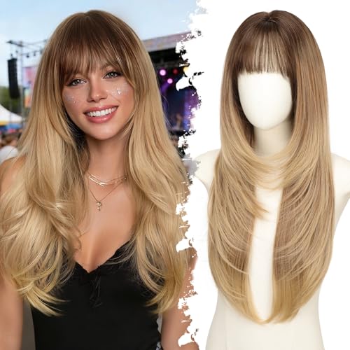 Eawwii Long Honey Blonde Wig with Bangs for Women- Dark