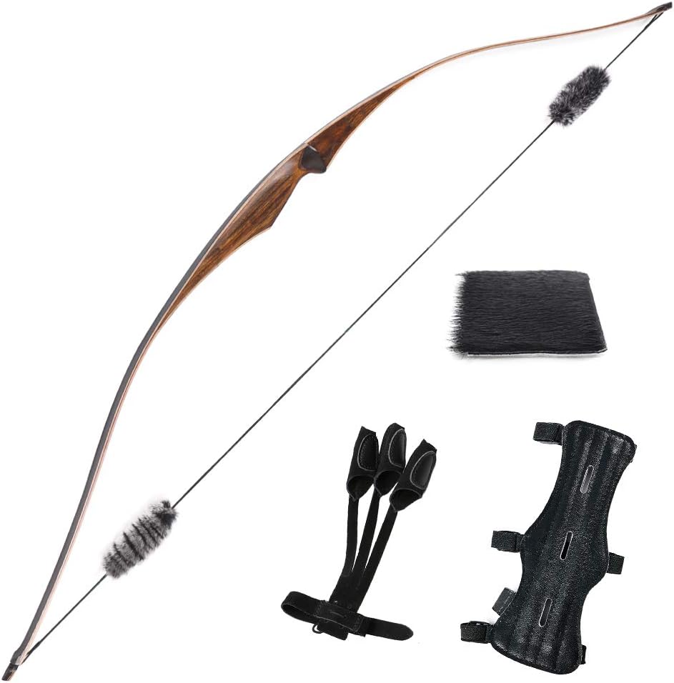 Huntingdoor Hunting Recurve Bow One Piece Traditional Wood Longbow Targeting Practice Right Hand with Otter Balls String Silencer 20-35lbs