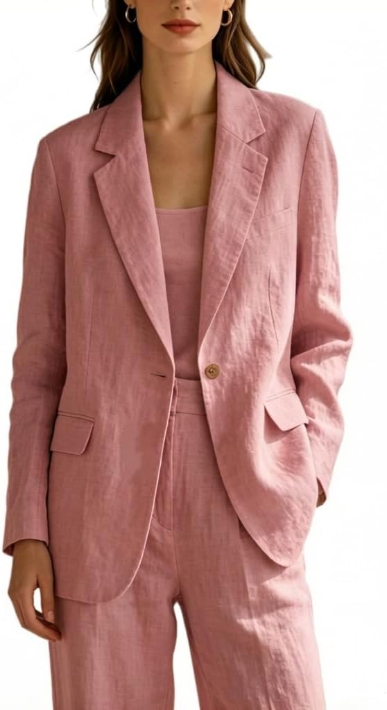 Women's Linen 2 Pieces Suit Classic Solid Color Elegant Pantsuits for Summer Wedding Office Outfits