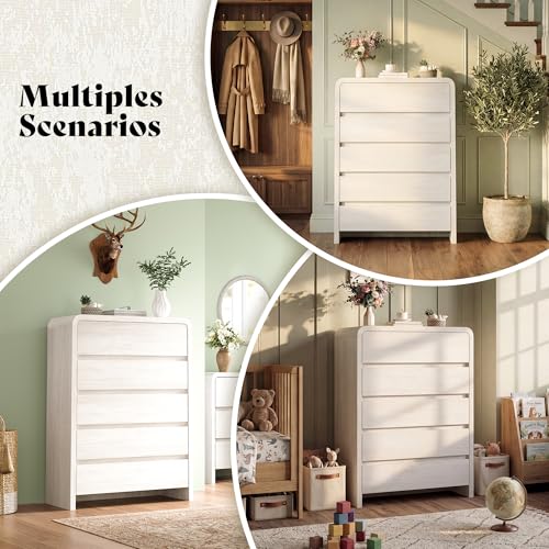 Image of 5 Drawer Dresser for Bedroom, 48 inch Tall Modern Chest of Drawers with Rounded Corners & Anti-Tip Kit, Wood Dresser Storage, Cabinet Organizer with Drawer Slides for Closet, Nursery, Apartment, White