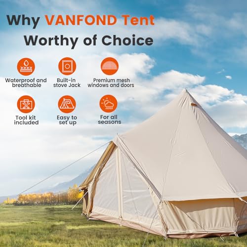 VANFOND Canvas Bell Tent, Yurt Tent with Stove Jack, Waterproof and Breathable Wall Tent, Glamping Tent, Detachable Groundsheet for Camping Party - Image 3