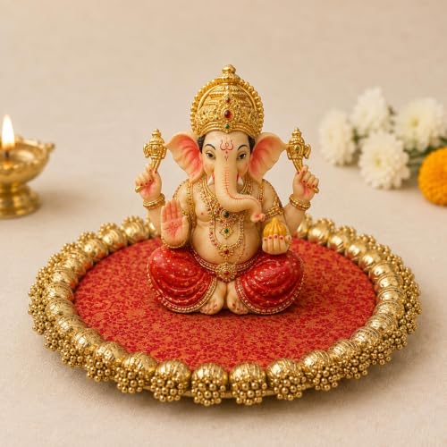 Image of SATYAM KRAFT 6 Pc Handmade Jhumki Platter (10 Inch) with Gota Patti & Golden Moti | Ganpati Decoration Setup For Home, Festive Home Decor, Pooja Setup, Table Centerpiece & Gifting Item
