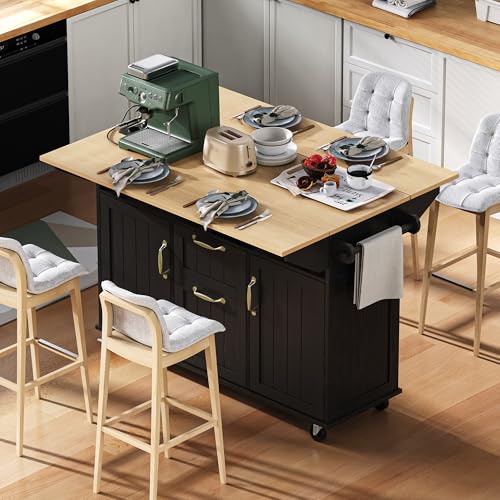SUKY Isla de cocina con ruedas, mesa de comedor extensible, isla de cocina móvil con cajones y toallero, ideal para cocina y comedor, carrito de cocina móvil con regletas, color negro