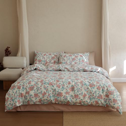 EAVD Vintage Style Garden Floral Duvet Cover Queen Soft 100% Cotton Chic Red Pink Floral Green Leaves Pattern Bedding Set with 2 Pillowcases Reversible Botanical Pattern Duvet Cover with Zipper