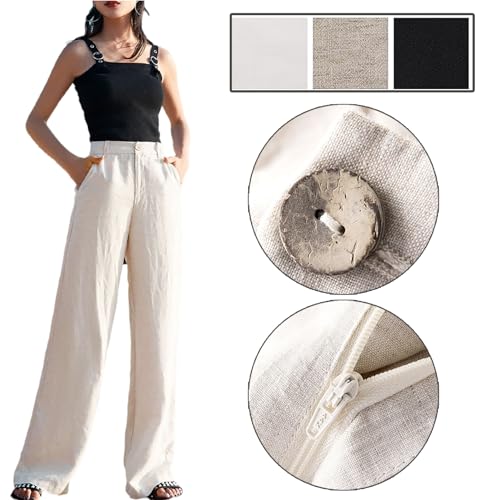 Womens Cotton Linen High Waisted Wide Leg Pants Comfy Flowy Beach Pant Loose Drape Button Down Straight Long Trousers Pants4