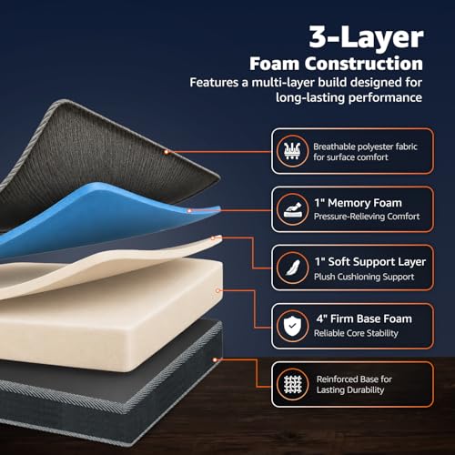 Image of Amazon Basics Orthopedic Classic Comfort Memory Foam Mattress | King Size Bed Mattress, 6-Inch Thick | Dual-Layer Foam, Zero Motion Transfer (72x72x6 Inches, Medium Firm, Zippered Cover)