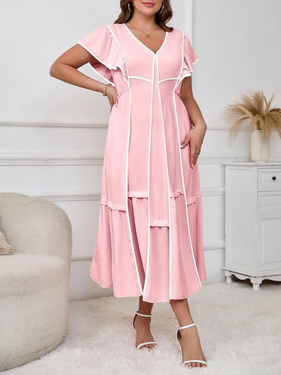 Wenrine Womens Summer V Neck Midi Dress Casual Ruffle Sleeve Contrast Color Loose Flowy Long Dresses Light Pink - Image 5