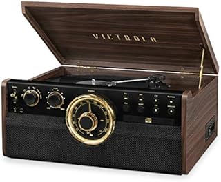 Victrola Empire Signature 6-in-1 Wood Mid Century Modern Bluetooth Record Player with 3-Speed Turntable, CD, Cassette Player and Radio (Renewed)