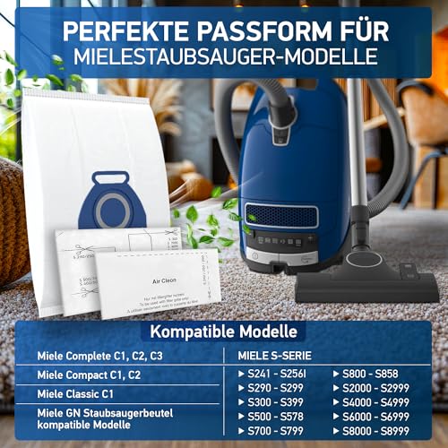 10 Stück Beutel Kompatibel mit Miele Staubsauger Complete C3/Complete C2/Classic C1/S2/S4/S5/S6/S8 GN Staubsaugerbeutel, mit 2x Motorschutz-＆ 2x Abluft-Filter, Ersatzt 9917730