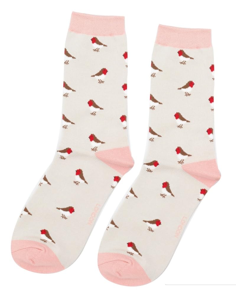 Lilyrosa Women's Grey Lilyrosa® Robin Birds Socks Robins Bird Girls Bamboo Mix Uk Size 3 To 7, Red Mustard Green (Grey)