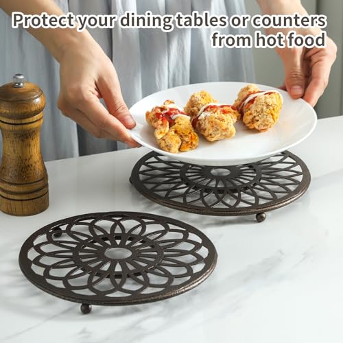 Teakiss IRON SLICE RETRO BROWN 2Pcs Flower Trivets - 7 Inch Insulating Metal Trivet Round Vintage Brown Pot Pads thumb #4