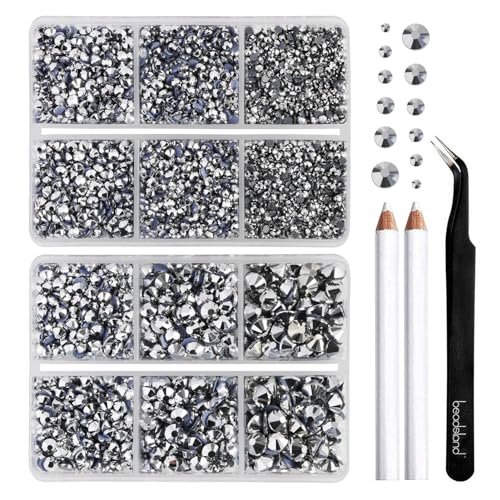 Beadsland Hotfix Rhinestones, Silver Hematite, 6080pcs Mixed 5 Sizes