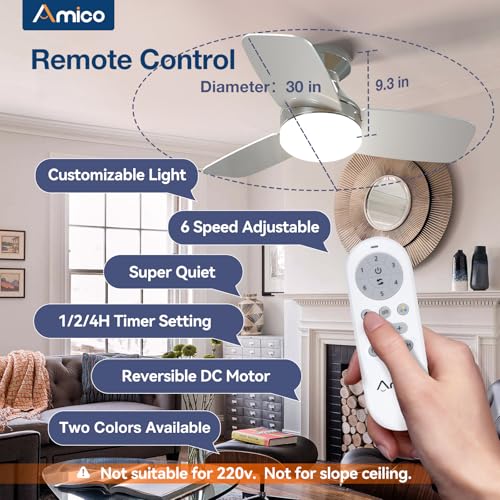 Image of Amico Ceiling Fans with Lights, 30 inch Low Profile Ceiling Fan with Light and Remote Control, Flush Mount, Reversible, 3CCT, Dimmable, Noiseless, Nickel Ceiling Fan for Bedroom, Indoor /Outdoor Use