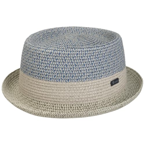 Lipodo Chapeau en Paille Ennario Pork Pie Homme - Made in Italy Porkpie de Soleil Printemps-ete Ete - S (54-55 cm) Bleu-Gris