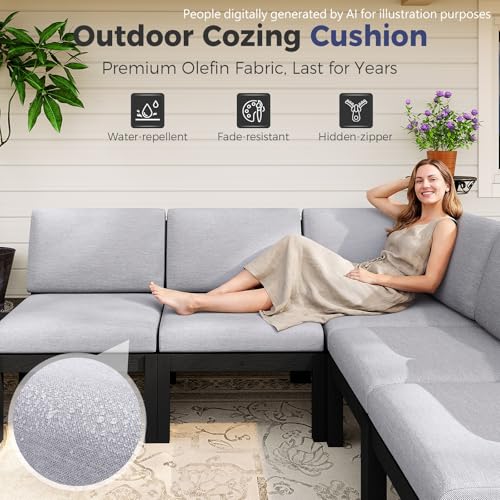Image of Modular Outdoor Patio Conversation Set, 11-Piece U-Shaped Sectional Sofa Set with Coffee Tables & Thick Cushions, Easy Side Interlock, HIPS All-Weather Patio Furniture Set for Backyard, Deck, Poolside