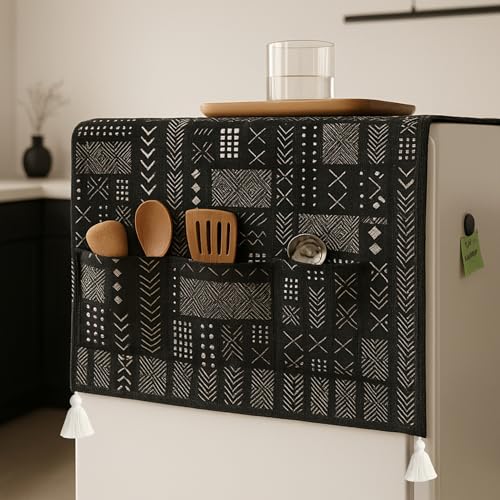 Image of WWW.THROWPILLOW.IN Fridge Top Cover for Single Door 100-250L | Small Size Dustproof Refrigerator Cover | Corner Tassels with Pockets | Mud Cloth Print | Single Door Fridge Cover Mat