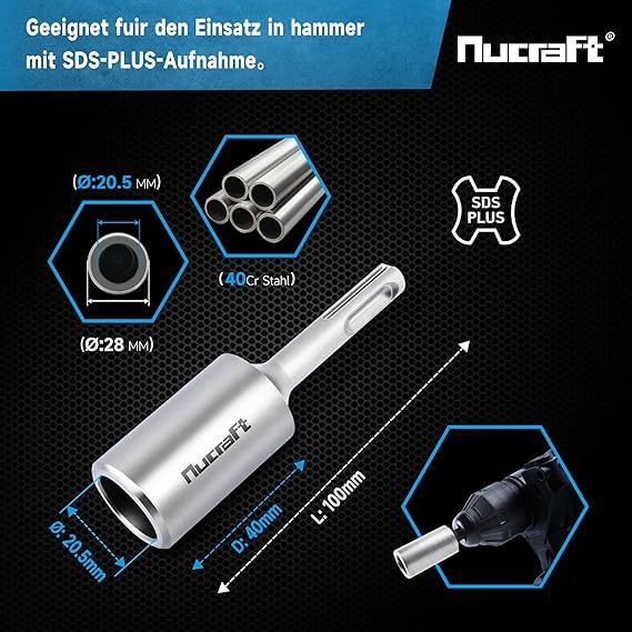 Nucraft SDS PLUS Indriver de clavo de tierra profesional para insertar tierra profunda, 100 x 28 mm, diámetro interior 20,5 mm