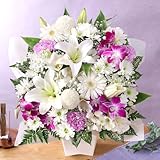 旬のおまかせアレンジ 和み・ホワイト＆パープルＬ 生花 お供え お悔やみ 花 お彼岸 お盆 命日 ユリ