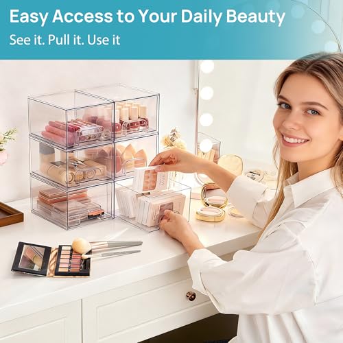 Vtopmart 4 Pack Clear Makeup Organiser, Acrylic Small Stackable Storage Drawers, Plastic Storage Box For Vanity, Bathroom, Under Sink, Kitchen Cupboard, Pantry, Home Organization - Image 6