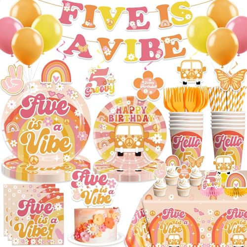 201pcs Five is a Vibe Birthday Party Decorations Tableware Set, 25pcs 5 is a Vibe Thick Plates Banner 2pcs Tablecloths and Cake Topper with Cupcake Toppers for 5th Birthday Decorations Girl, Serves 25