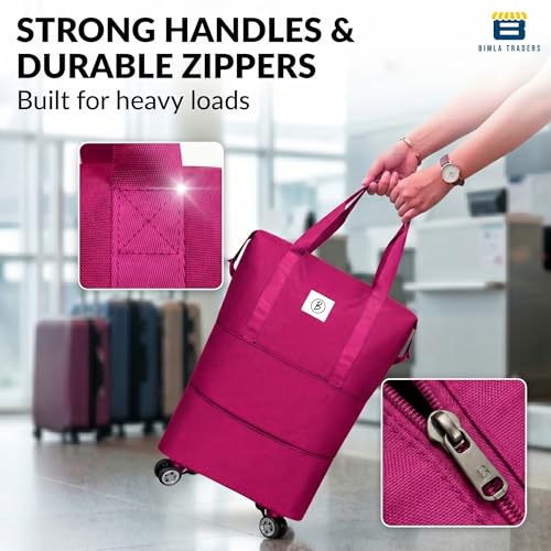 Image of Btag Travel Duffle Bag with Wheels | Convertible Handbag, Trolley & Shoulder Luggage for Clothes | Space-Saving Foldable Travel Companion | Expandable & Waterproof Traveling Bag for Unisex (Magenta)