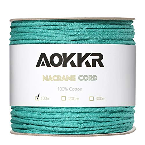 AOKKR Hilo Macrame, 3mm x 100m Single Twist Oeko-Tex Premium Cuerda Macrame Cordel Algodón Ecológico de Macramé Bricolaje Artesanía, Envolver Regalo, Colgar Fotos, Decoración Bohemia, Verde Eucalipto Cover