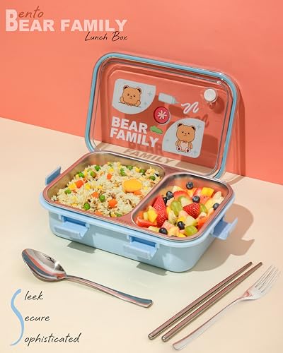 Image of Brand Conquer Lunch Box Leak-Proof BPA Free Stainless Steel for School, Lunch Box for School & Office with a Fork, a Spoon and a Pair of Chopsticks (Blue, Bear Family 2 Compartment)